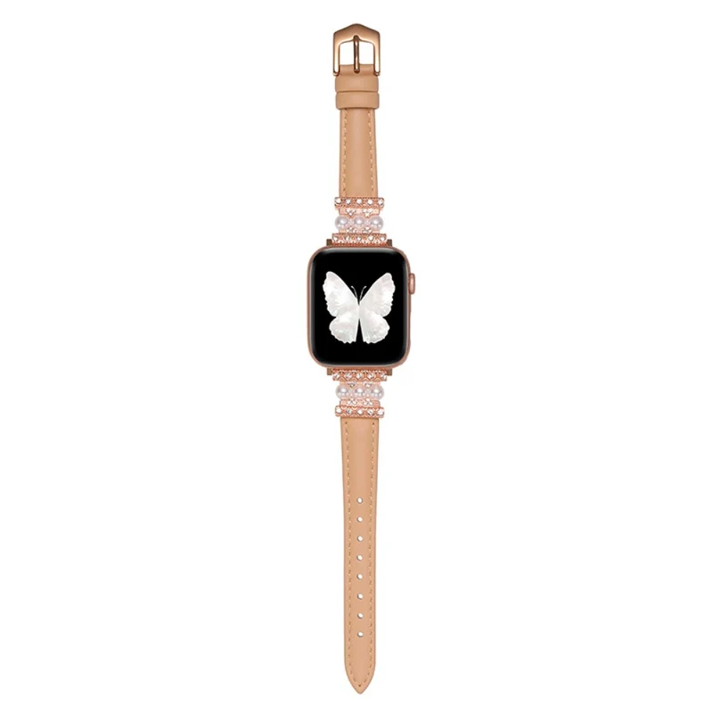 Apple Watch 41mm / 40mm / 38mm Genuine Cow Leather Band Bling Bracelet - Khaki