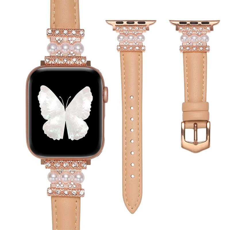Apple Watch 41mm / 40mm / 38mm Genuine Cow Leather Band Bling Bracelet - Khaki