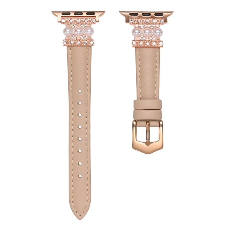 Apple Watch 41mm / 40mm / 38mm Genuine Cow Leather Band Bling Bracelet - Khaki
