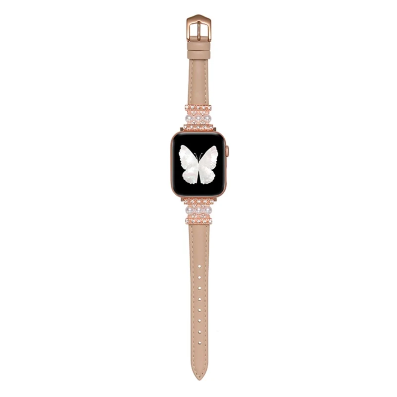 Apple Watch 41mm / 40mm / 38mm Genuine Cow Leather Band Bling Bracelet - Khaki