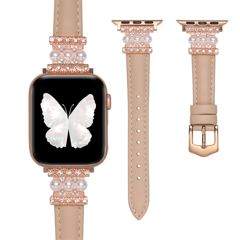 Apple Watch 41mm / 40mm / 38mm Genuine Cow Leather Band Bling Bracelet - Khaki