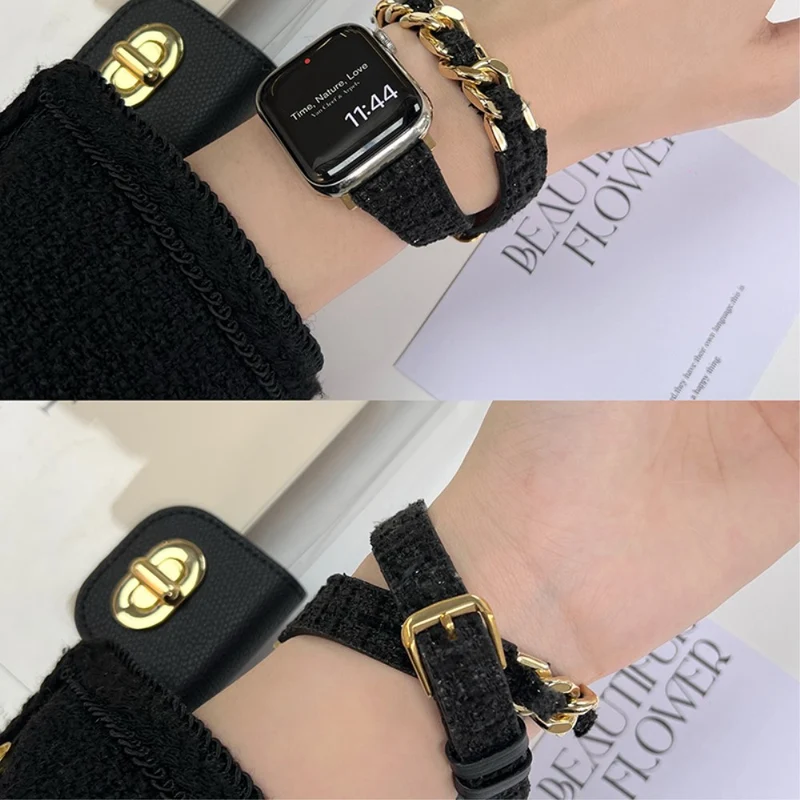 Apple Watch 41mm / 40mm / 38mm Smart Watchband Dual Layer Strap - Black+Gold Chain Chain