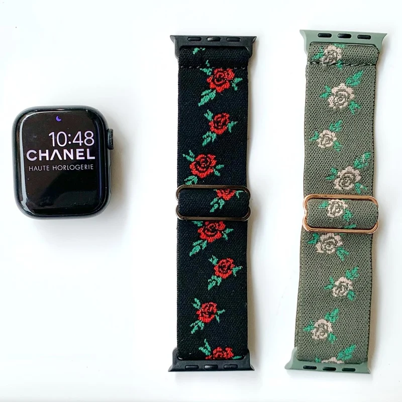 AW Apple Watch 41mm / 40mm / 38mm Nylon Watch Strap - Black Leaf Rose