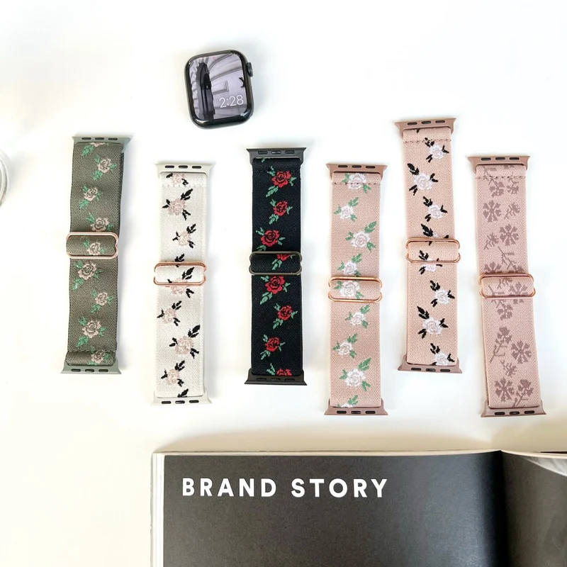 AW Apple Watch 41mm / 40mm / 38mm Nylon Watch Strap - Black Leaf Rose