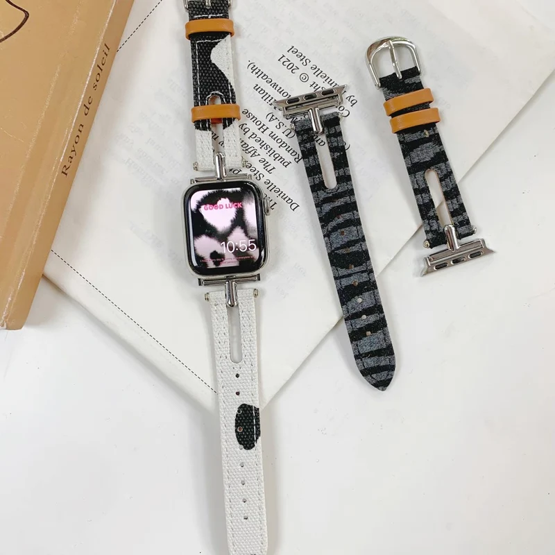 Apple Watch 41mm / 40mm / 38mm Watch Strap T-Shape Leather Band - Yellow / Leopard