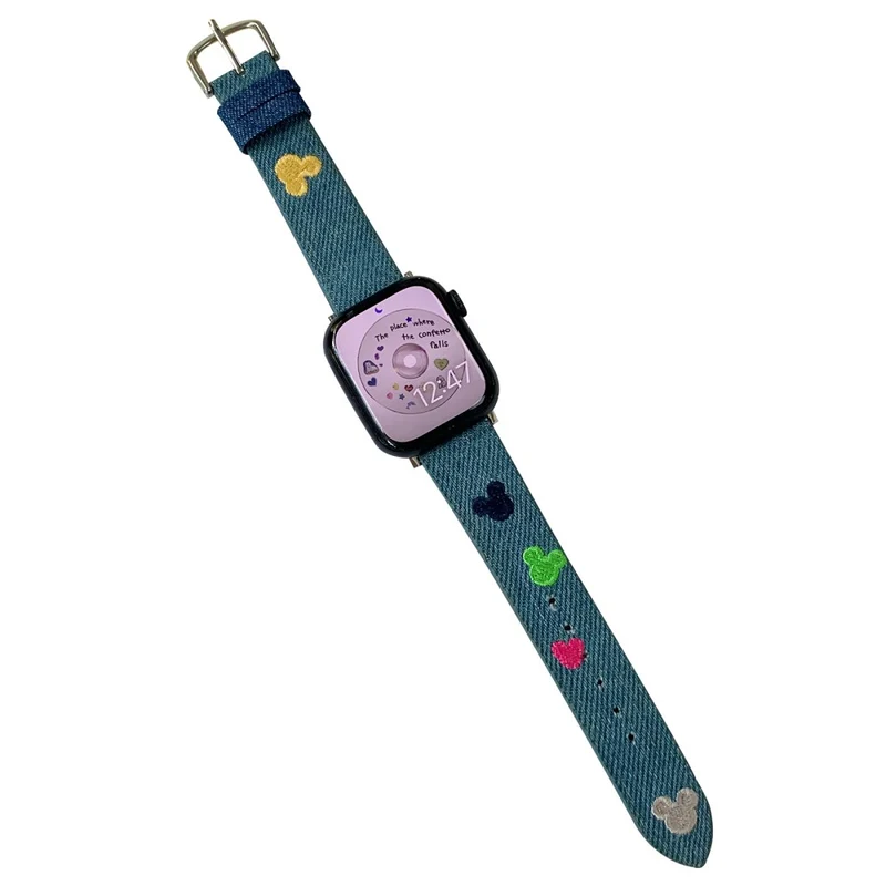 Apple Watch 41mm / 40mm / 38mm Watchband Embroidery Watch Strap - Heart Heart Black Denim Denim