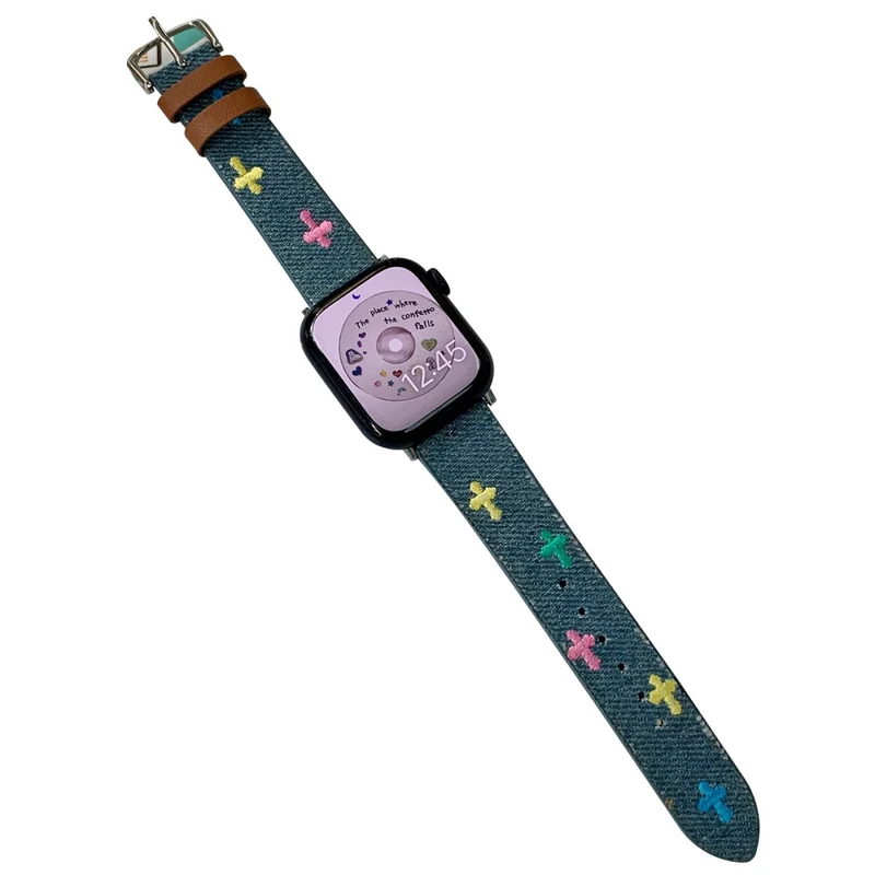 Apple Watch 41mm / 40mm / 38mm Watchband Embroidery Watch Strap - Heart Heart Black Denim Denim