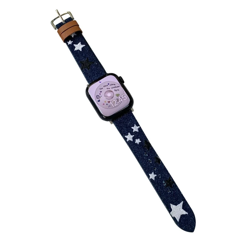 Apple Watch 41mm / 40mm / 38mm Watchband Embroidery Watch Strap - Heart Heart Black Denim Denim