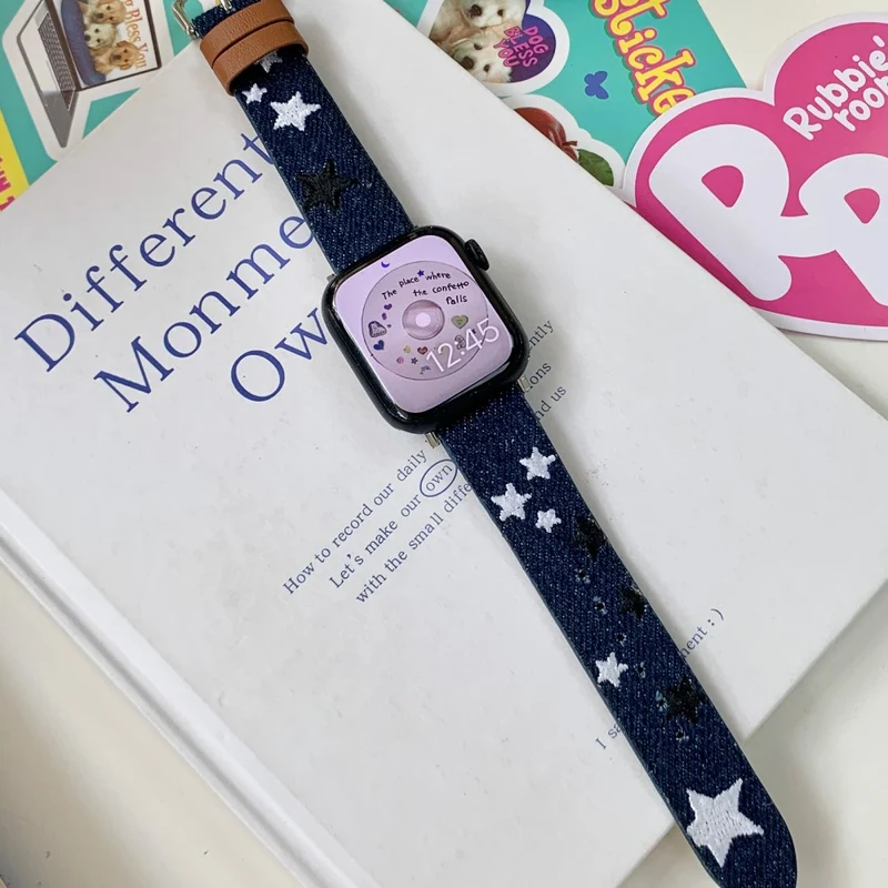 Apple Watch 41mm / 40mm / 38mm Watchband Embroidery Watch Strap - Heart Heart Black Denim Denim