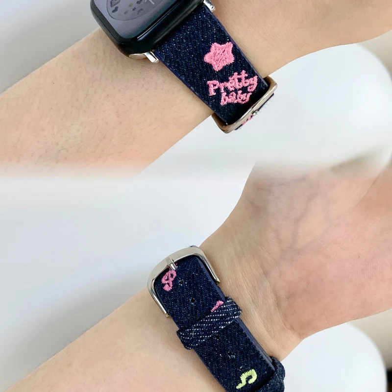 Apple Watch 41mm / 40mm / 38mm Watchband Embroidery Watch Strap - Heart Heart Black Denim Denim
