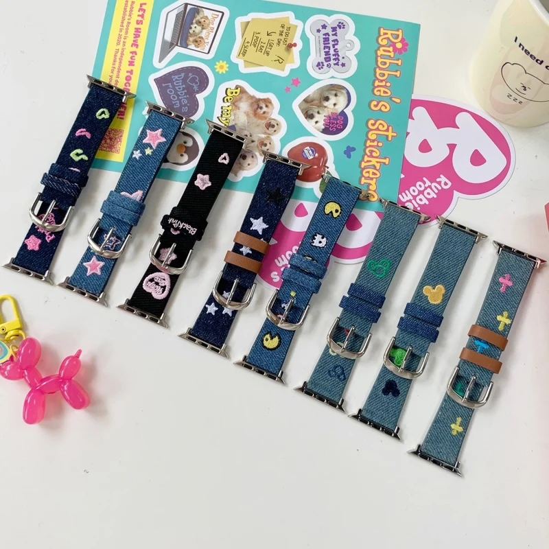 Apple Watch 41mm / 40mm / 38mm Watchband Embroidery Watch Strap - Heart Heart Black Denim Denim