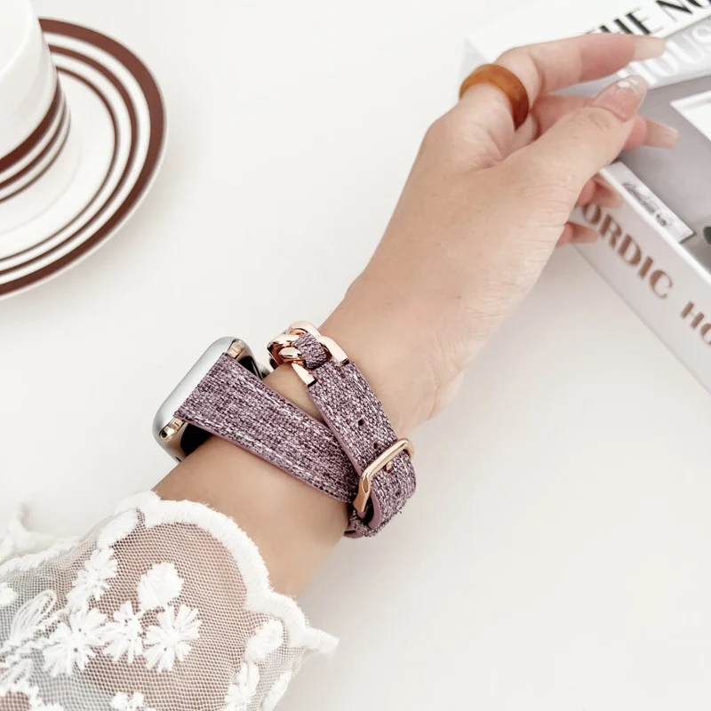 Apple Watch Series 41mm - 40mm - 38mm Universal Watch Band Denim and Leather and Zinc Metal Strap - Light Purple