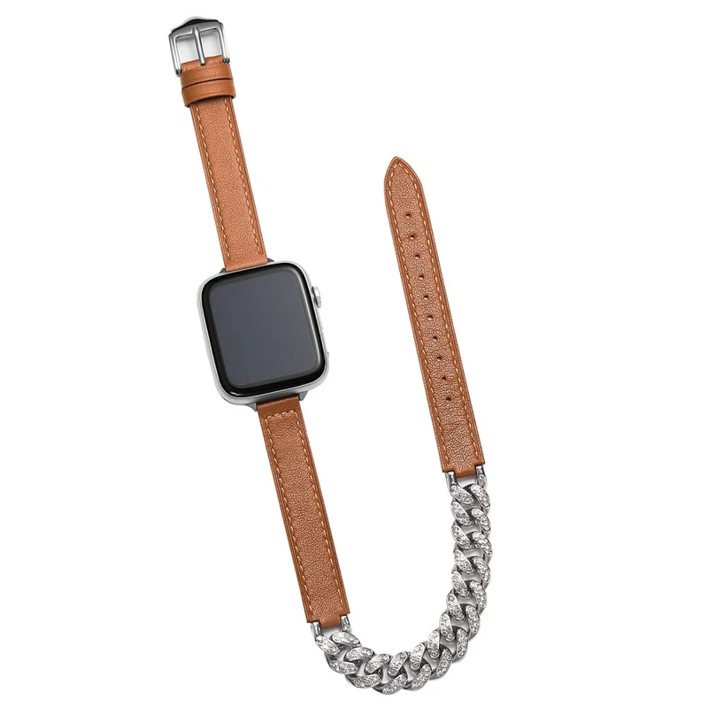Apple Watch Series 41mm - 40mm - 38mm Universal Watch Band Leather and Chain Shiny Strap - Sandalwood