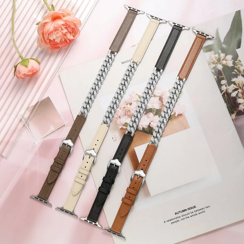 Apple Watch Series 41mm - 40mm - 38mm Universal Watch Band Leather and Chain Shiny Strap - Sandalwood