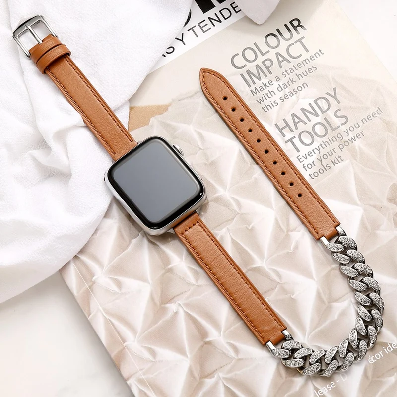 Apple Watch Series 41mm - 40mm - 38mm Universal Watch Band Leather and Chain Shiny Strap - Sandalwood