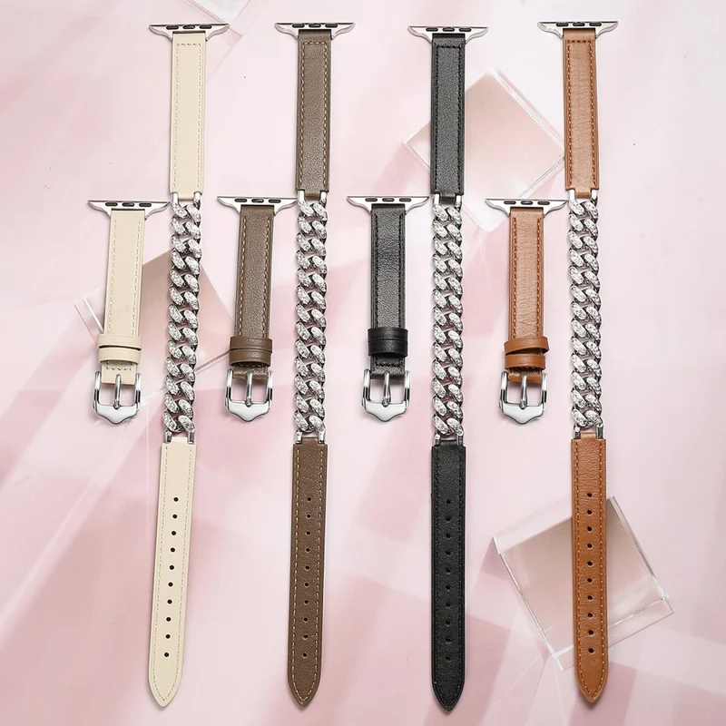 Apple Watch Series 41mm - 40mm - 38mm Universal Watch Band Leather and Chain Shiny Strap - Sandalwood