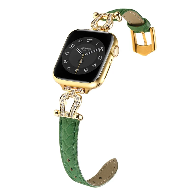 Apple Watch Series 41mm - 40mm - 38mm Universal Watch Band Cowhide Leather Strap - Green / Gold Buckle Buckle