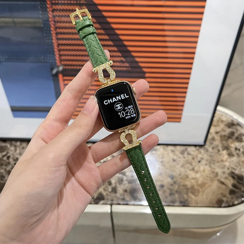 Apple Watch Series 41mm - 40mm - 38mm Universal Watch Band Cowhide Leather Strap - Green / Gold Buckle Buckle