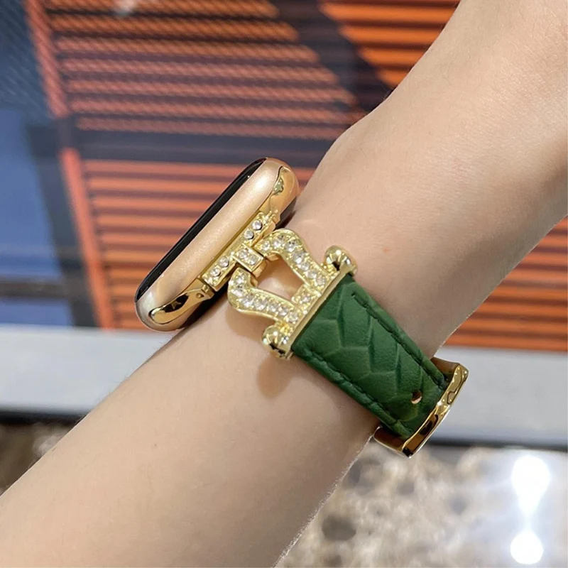 Apple Watch Series 41mm - 40mm - 38mm Universal Watch Band Cowhide Leather Strap - Green / Gold Buckle Buckle