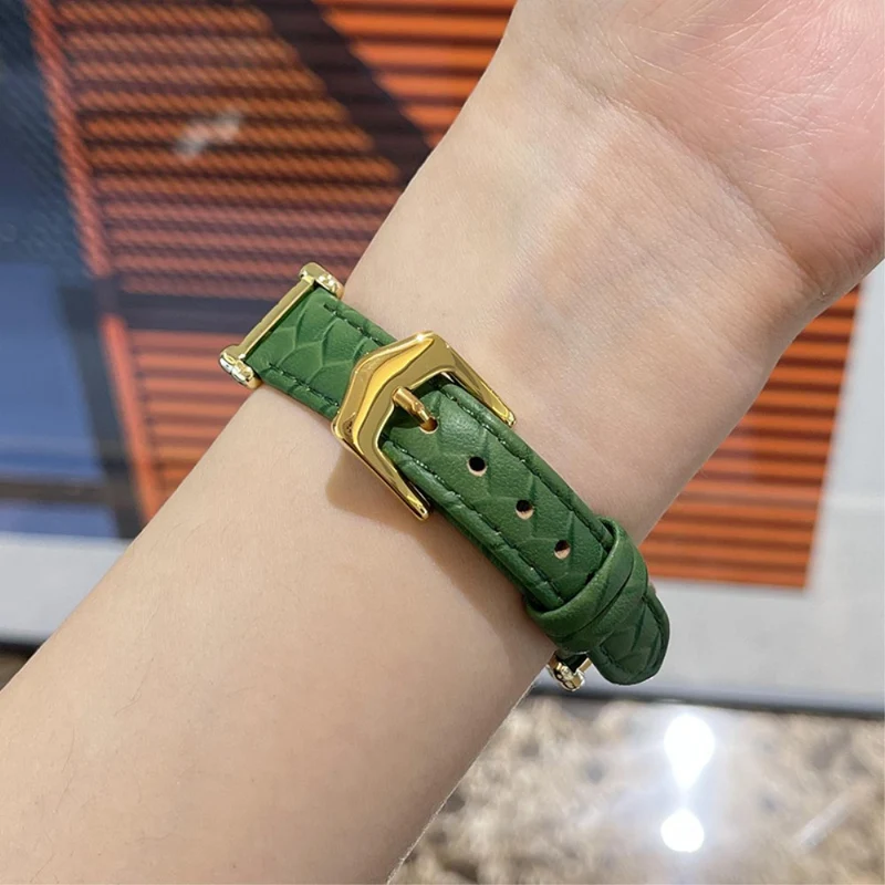 Apple Watch Series 41mm - 40mm - 38mm Universal Watch Band Cowhide Leather Strap - Green / Gold Buckle Buckle