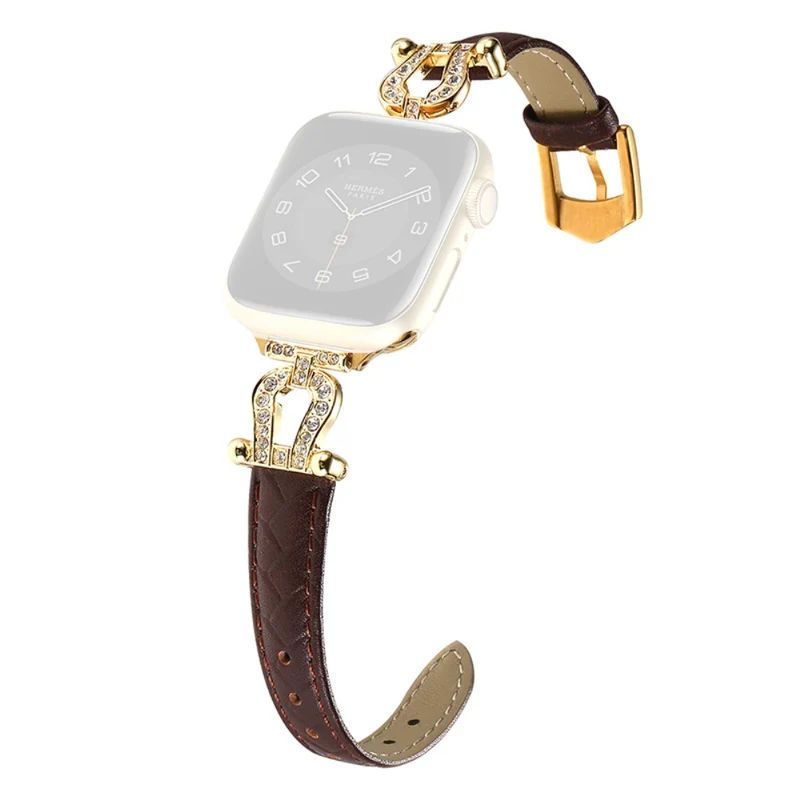Apple Watch Series 41mm - 40mm - 38mm Universal Watch Band Cowhide Leather Strap - Green / Gold Buckle Buckle