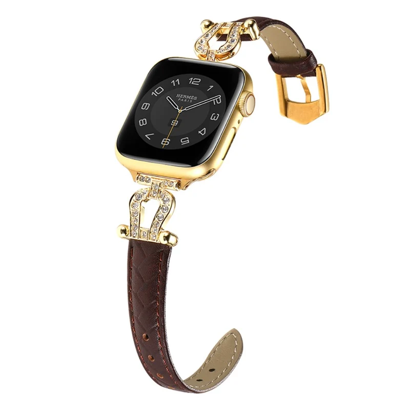 Apple Watch Series 41mm - 40mm - 38mm Universal Watch Band Cowhide Leather Strap - Green / Gold Buckle Buckle