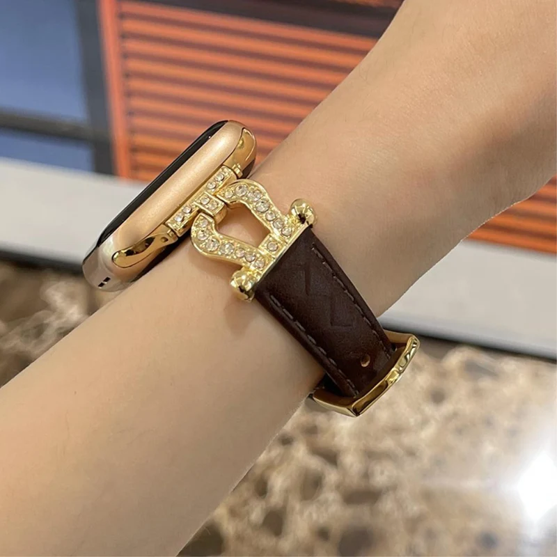Apple Watch Series 41mm - 40mm - 38mm Universal Watch Band Cowhide Leather Strap - Green / Gold Buckle Buckle