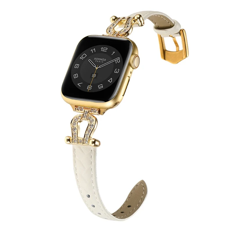 Apple Watch Series 41mm - 40mm - 38mm Universal Watch Band Cowhide Leather Strap - Green / Gold Buckle Buckle
