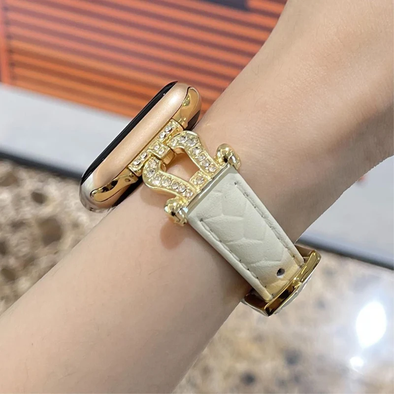 Apple Watch Series 41mm - 40mm - 38mm Universal Watch Band Cowhide Leather Strap - Green / Gold Buckle Buckle
