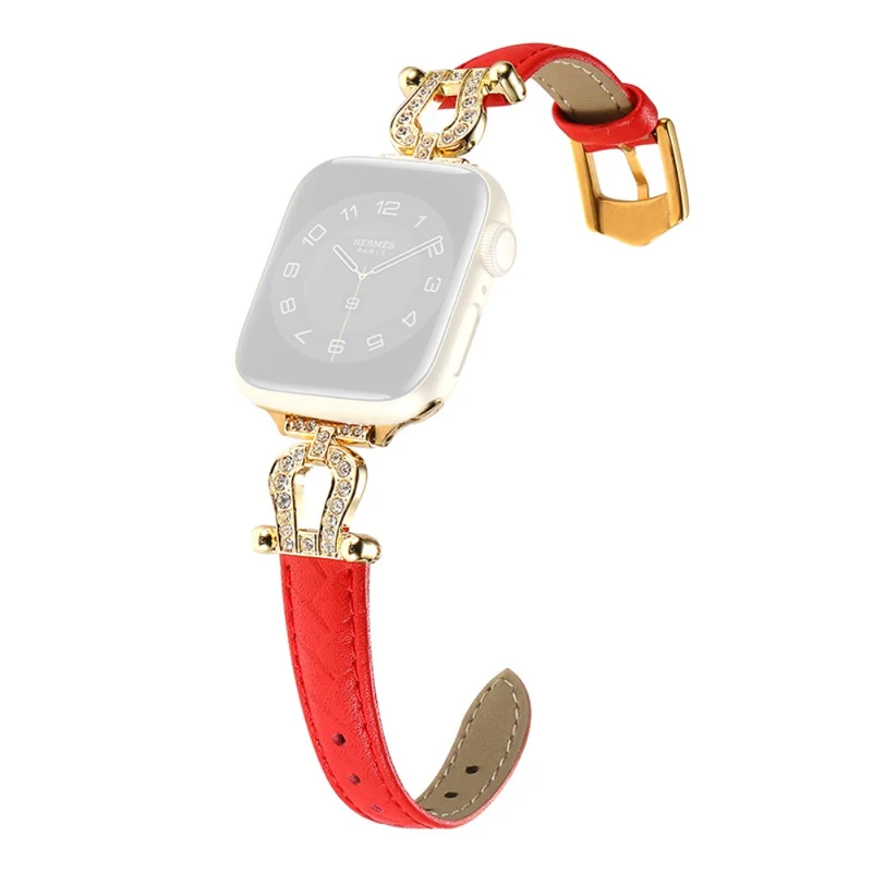 Apple Watch Series 41mm - 40mm - 38mm Universal Watch Band Cowhide Leather Strap - Green / Gold Buckle Buckle