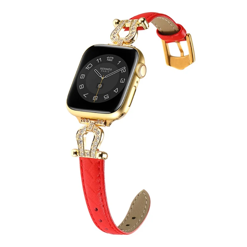 Apple Watch Series 41mm - 40mm - 38mm Universal Watch Band Cowhide Leather Strap - Green / Gold Buckle Buckle