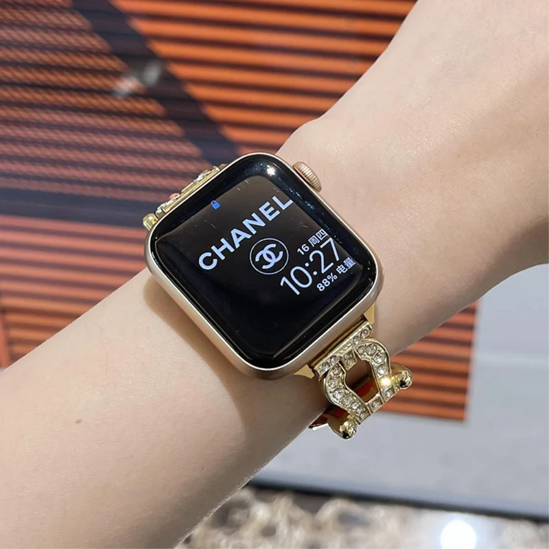 Apple Watch Series 41mm - 40mm - 38mm Universal Watch Band Cowhide Leather Strap - Green / Gold Buckle Buckle