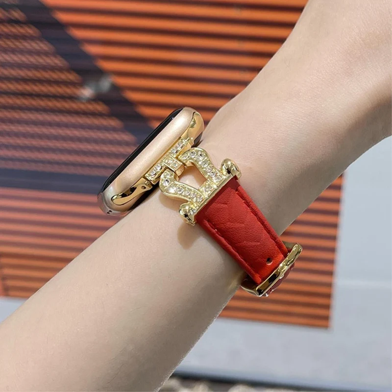 Apple Watch Series 41mm - 40mm - 38mm Universal Watch Band Cowhide Leather Strap - Green / Gold Buckle Buckle