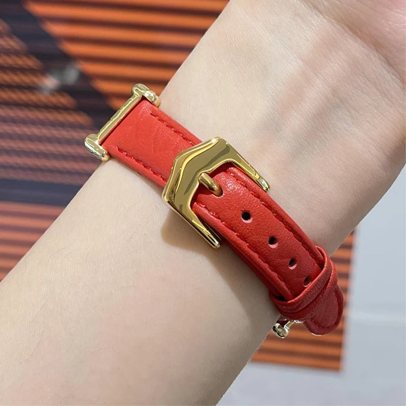 Apple Watch Series 41mm - 40mm - 38mm Universal Watch Band Cowhide Leather Strap - Green / Gold Buckle Buckle