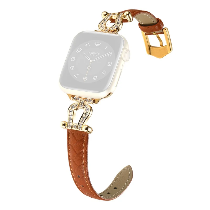 Apple Watch Series 41mm - 40mm - 38mm Universal Watch Band Cowhide Leather Strap - Green / Gold Buckle Buckle
