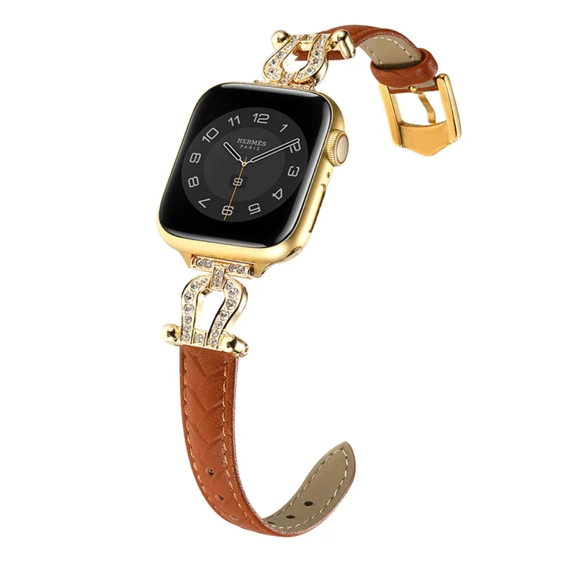 Apple Watch Series 41mm - 40mm - 38mm Universal Watch Band Cowhide Leather Strap - Green / Gold Buckle Buckle