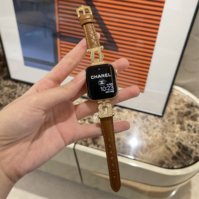 Apple Watch Series 41mm - 40mm - 38mm Universal Watch Band Cowhide Leather Strap - Green / Gold Buckle Buckle