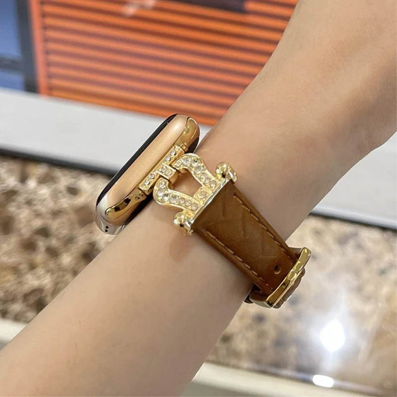 Apple Watch Series 41mm - 40mm - 38mm Universal Watch Band Cowhide Leather Strap - Green / Gold Buckle Buckle