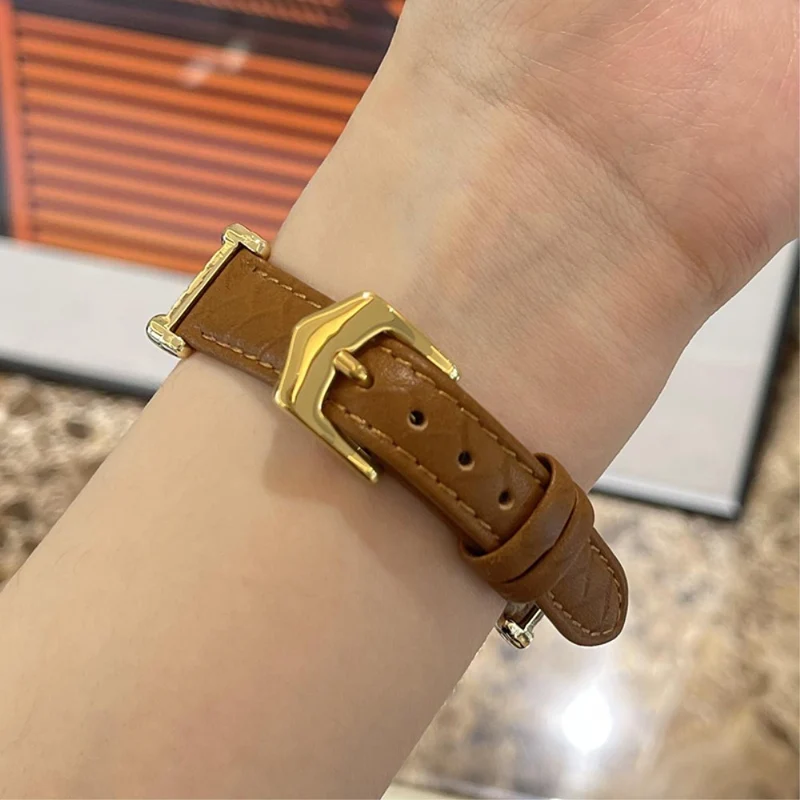 Apple Watch Series 41mm - 40mm - 38mm Universal Watch Band Cowhide Leather Strap - Green / Gold Buckle Buckle