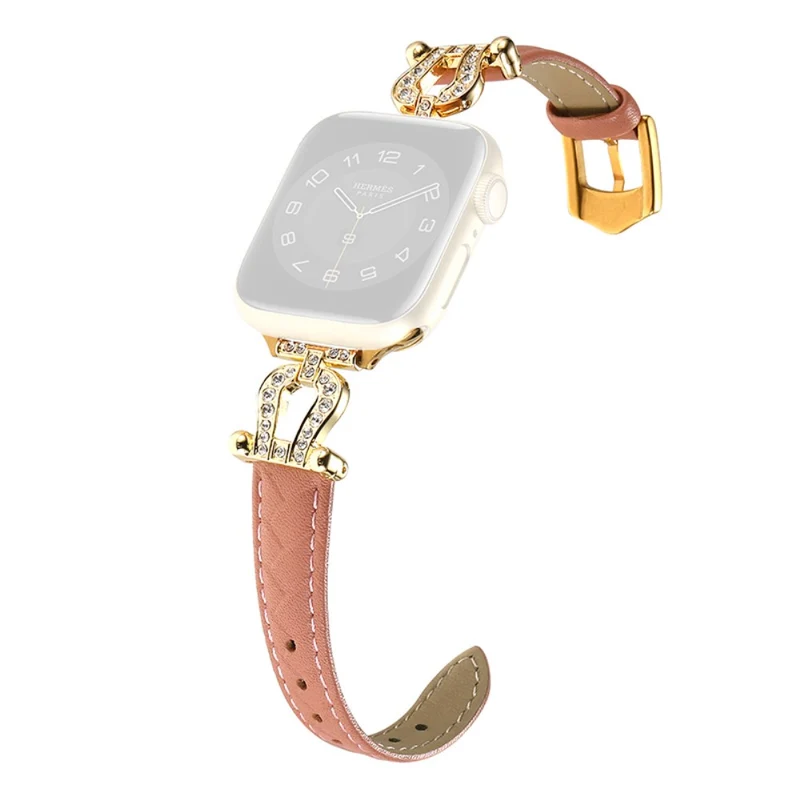 Apple Watch Series 41mm - 40mm - 38mm Universal Watch Band Cowhide Leather Strap - Green / Gold Buckle Buckle