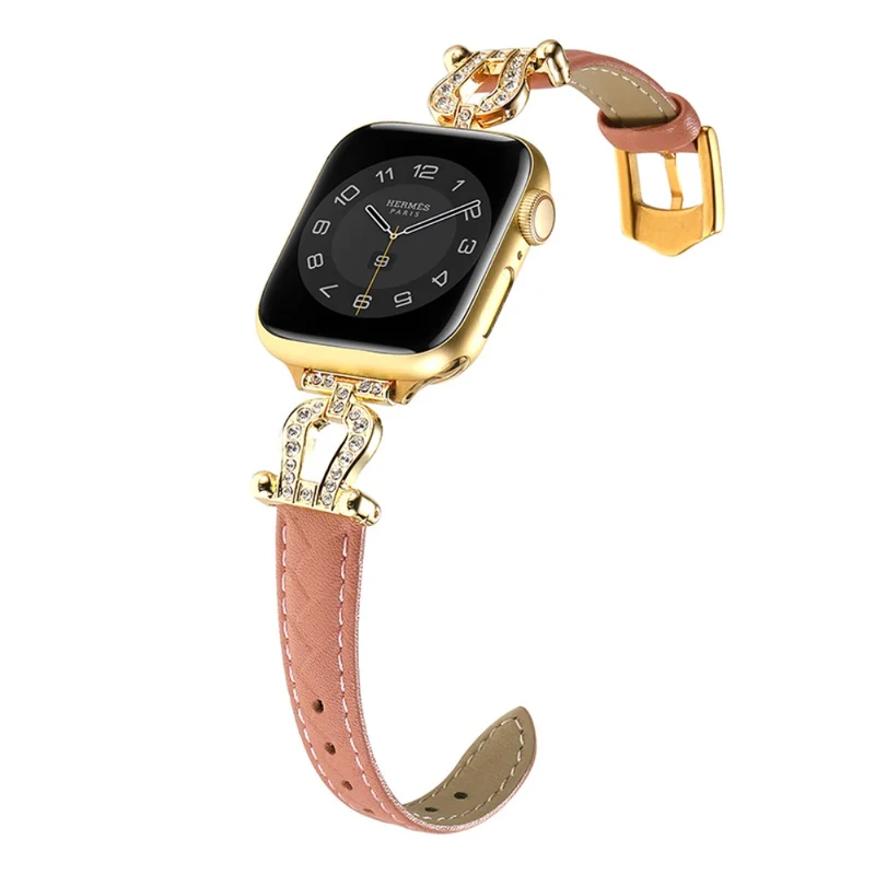 Apple Watch Series 41mm - 40mm - 38mm Universal Watch Band Cowhide Leather Strap - Green / Gold Buckle Buckle
