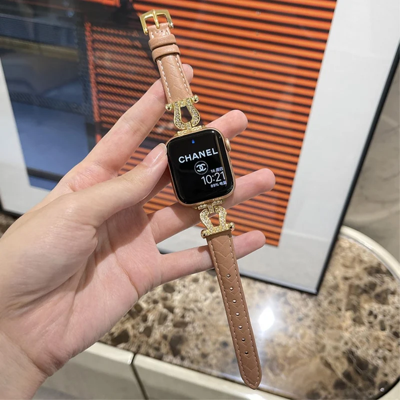 Apple Watch Series 41mm - 40mm - 38mm Universal Watch Band Cowhide Leather Strap - Green / Gold Buckle Buckle