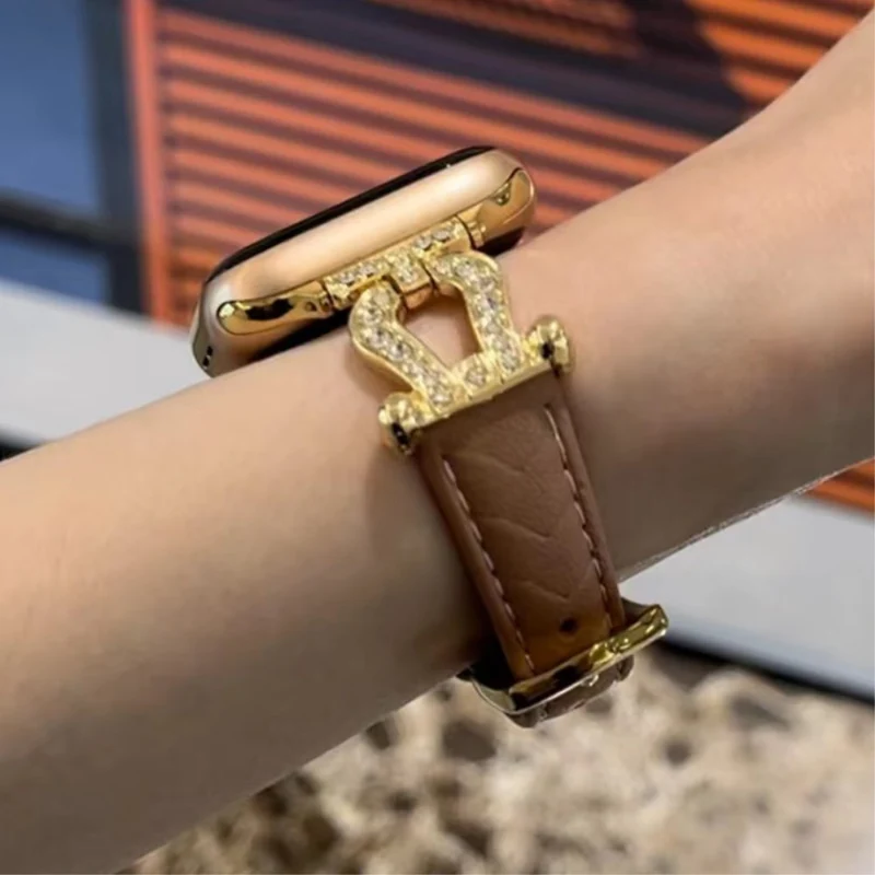 Apple Watch Series 41mm - 40mm - 38mm Universal Watch Band Cowhide Leather Strap - Green / Gold Buckle Buckle