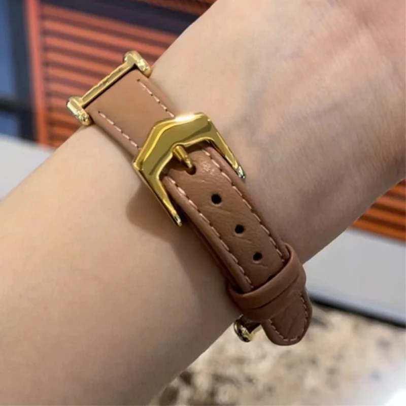 Apple Watch Series 41mm - 40mm - 38mm Universal Watch Band Cowhide Leather Strap - Green / Gold Buckle Buckle
