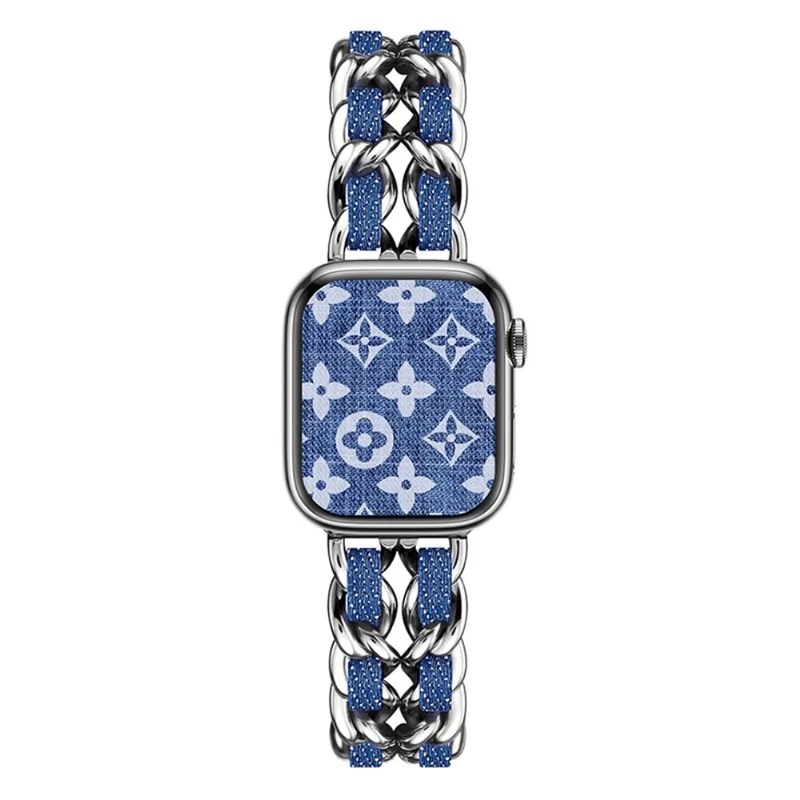 Apple Watch Series 41mm - 40mm - 38mm Universal Chain Style Watch Band - Silver+Light Denim