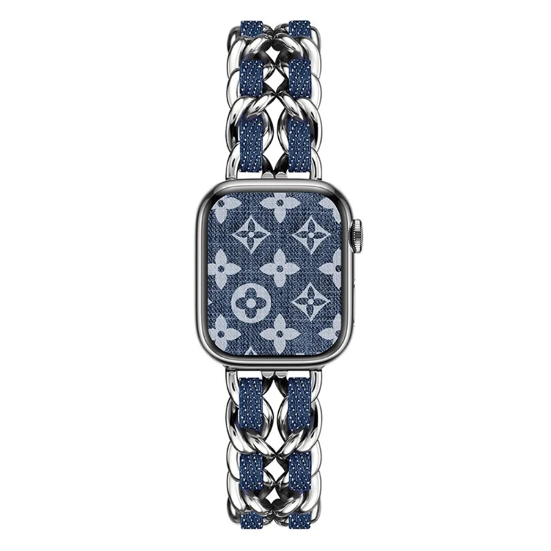 Apple Watch Series 41mm - 40mm - 38mm Universal Chain Style Watch Band - Silver+Light Denim