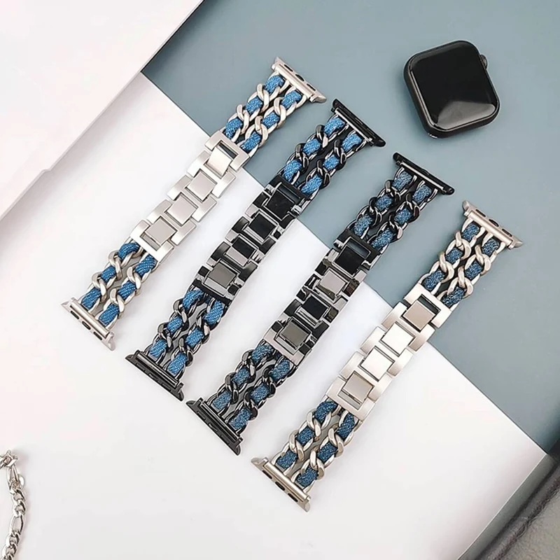 Apple Watch Series 41mm - 40mm - 38mm Universal Chain Style Watch Band - Silver+Light Denim