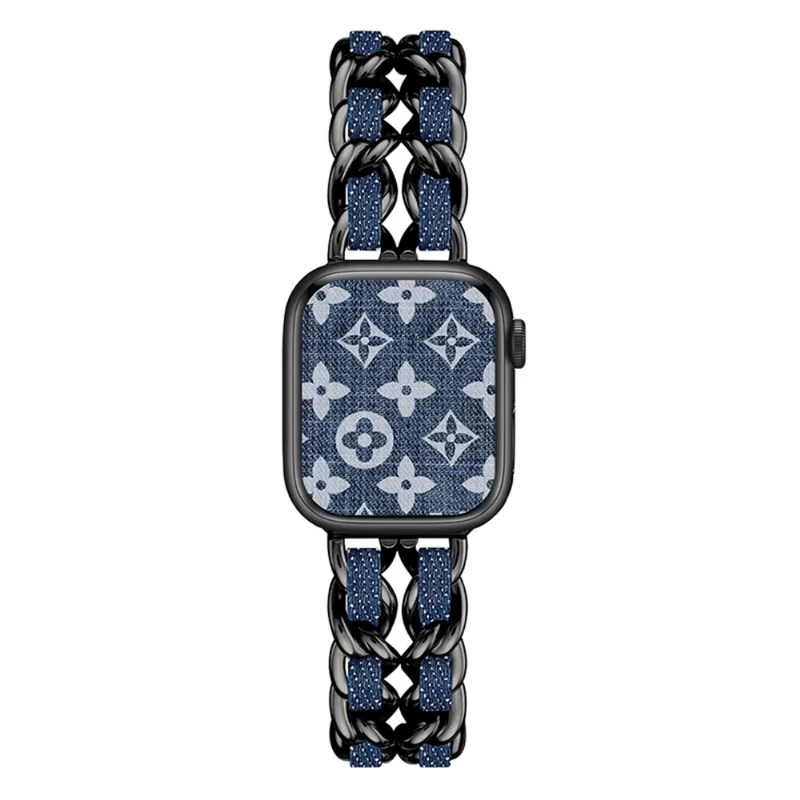 Apple Watch Series 41mm - 40mm - 38mm Universal Chain Style Watch Band - Silver+Light Denim