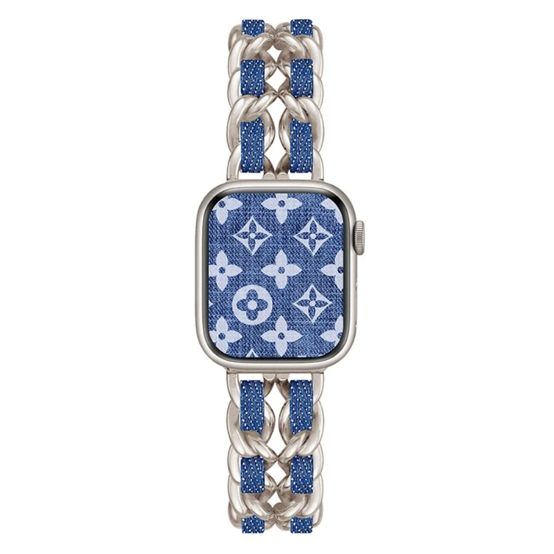 Apple Watch Series 41mm - 40mm - 38mm Universal Chain Style Watch Band - Silver+Light Denim