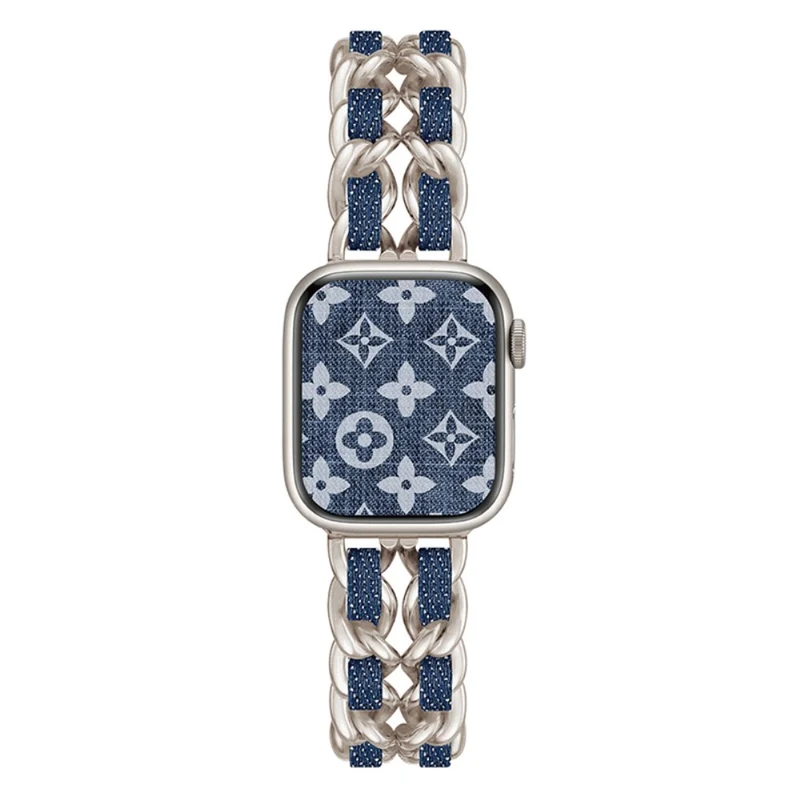 Apple Watch Series 41mm - 40mm - 38mm Universal Chain Style Watch Band - Silver+Light Denim